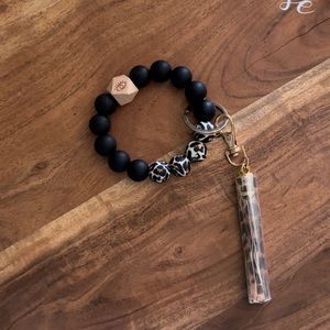 Black and leopard silicone bead keychain with tassel and evil eye wooden bead